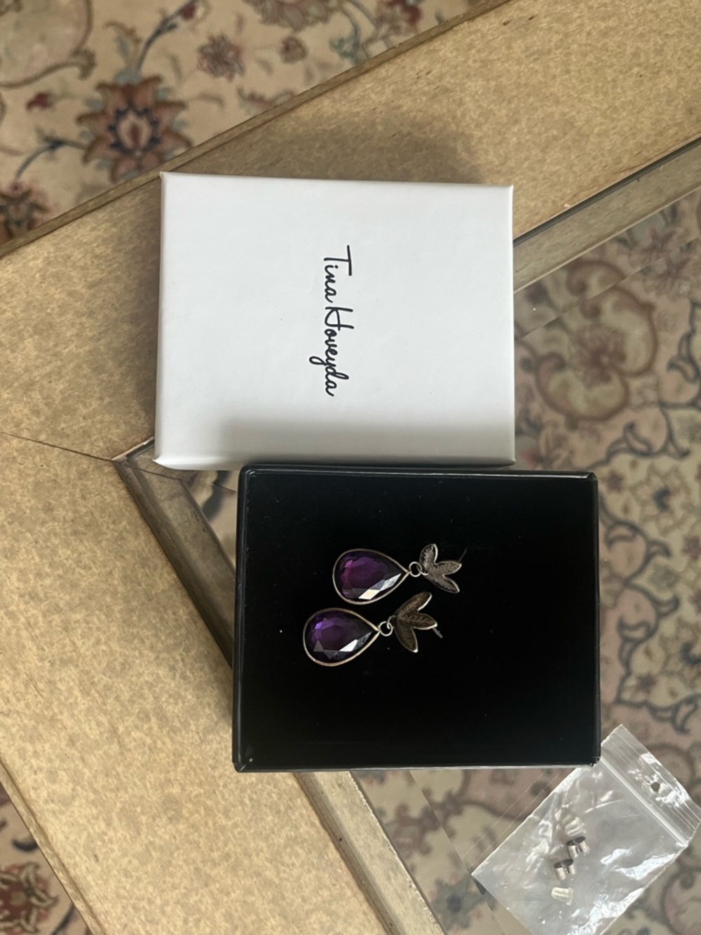 Purple Teardrop Earrings - Silver Leaf Accent